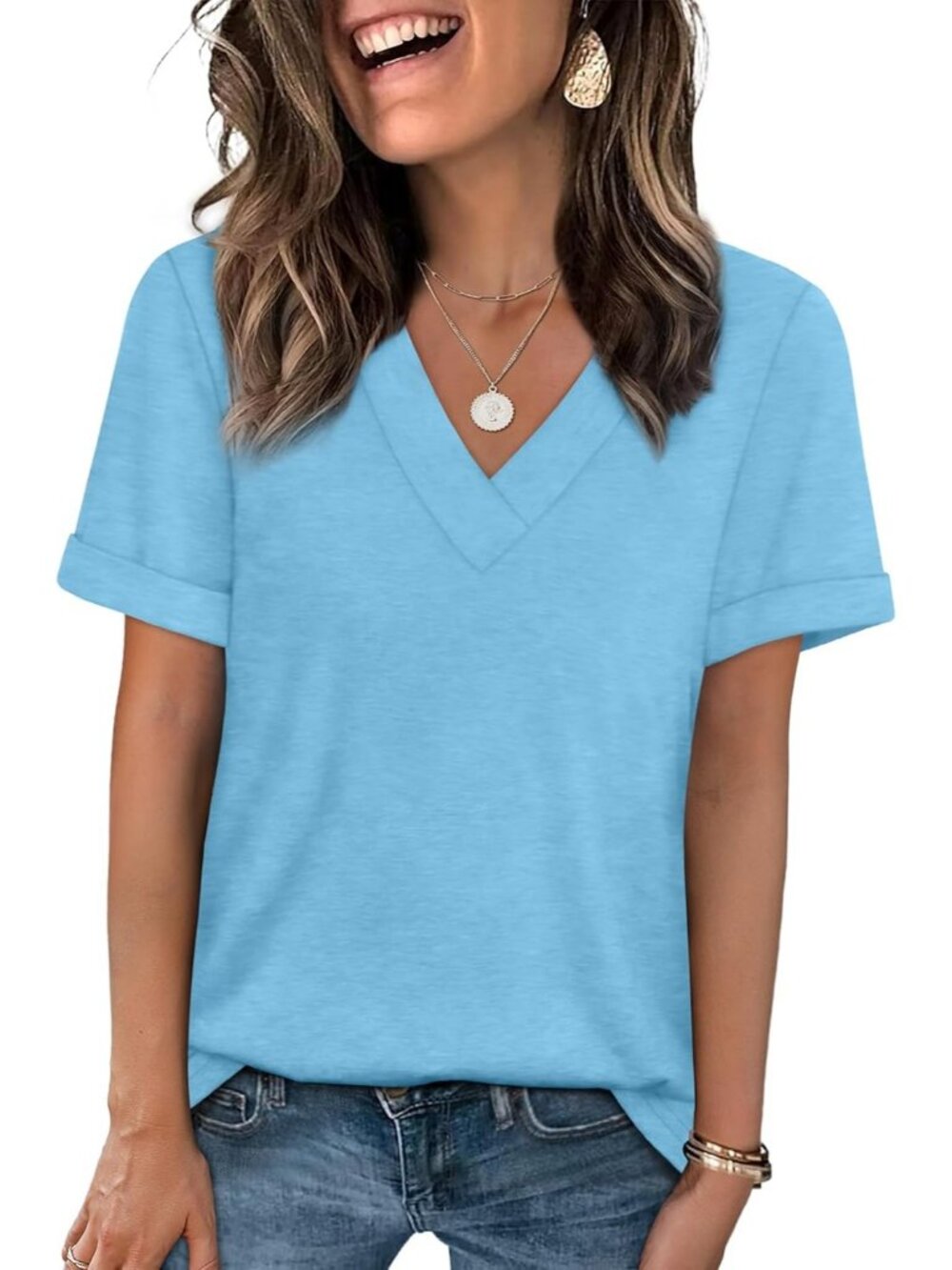 Women's Light Blue Short Sleeve Comfortable Casual V Neck Trendy Fashion T Shirt